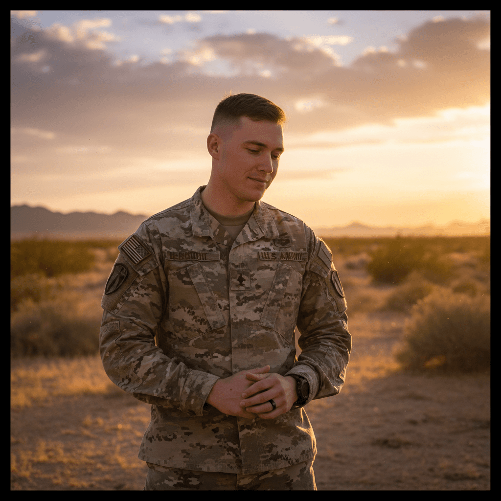 Military member in uniform praying