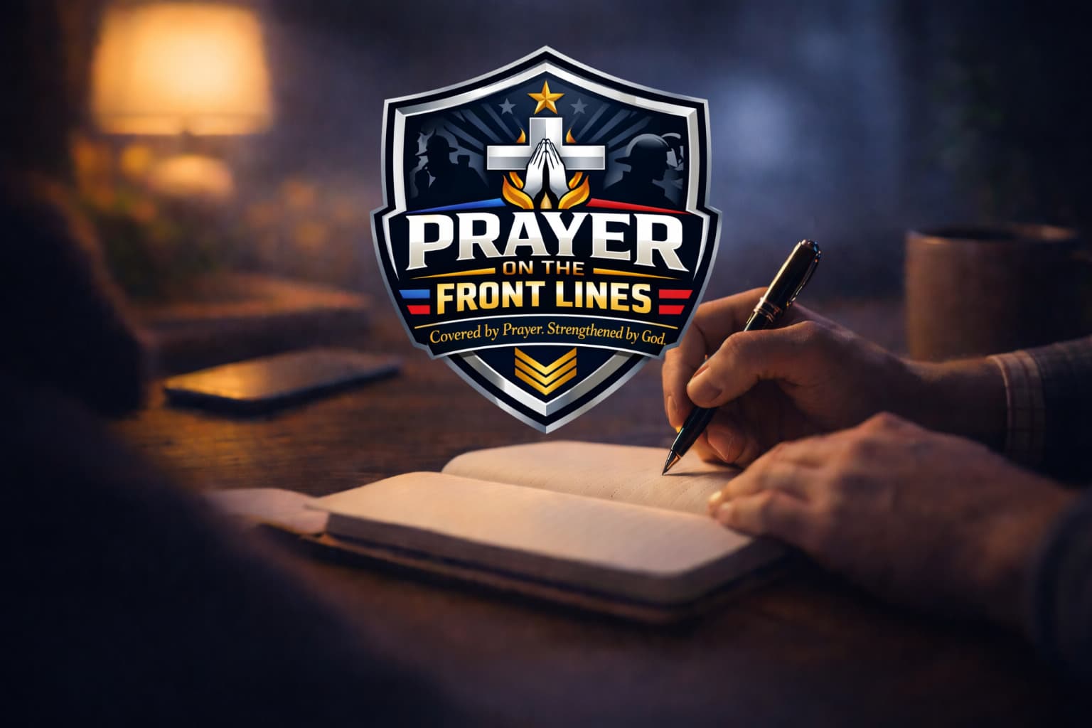 Hands writing in a journal with a "Prayer on the Front Lines" shield logo overlay.