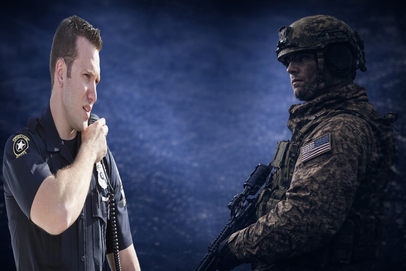 Police officer using a radio beside a soldier in camouflage gear holding a rifle.