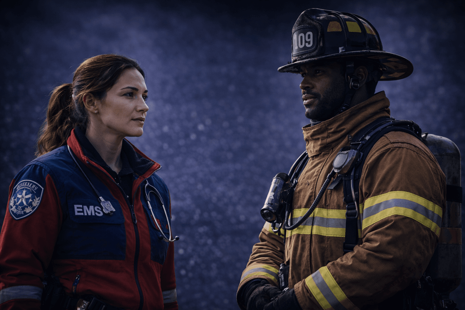 Female EMS professional and male firefighter in full protective gear looking at each other.