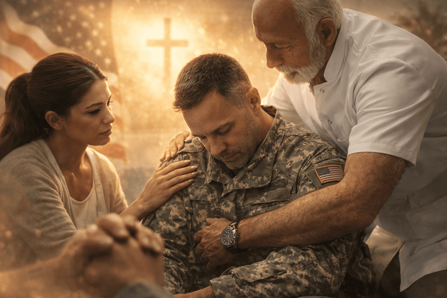 Woman and older man comfort a bowing soldier before a glowing cross and American flag.