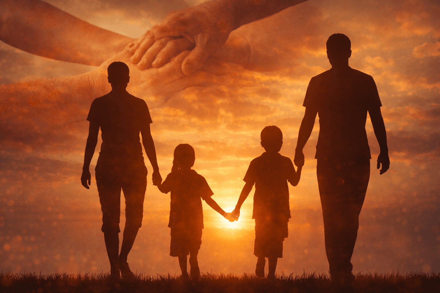 Silhouette of a family walking into a sunset with large stacked hands overhead.