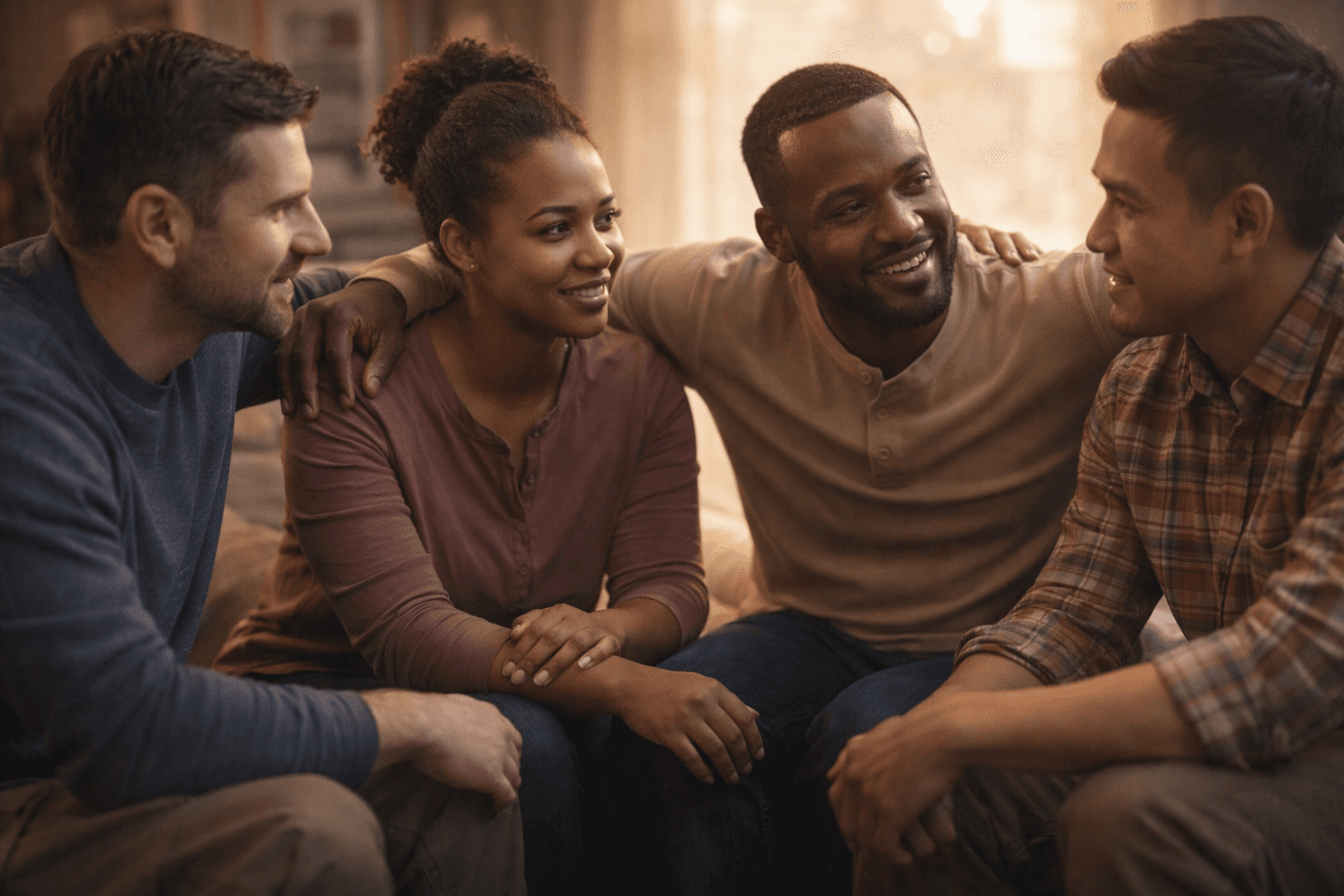 Four diverse friends sitting together, smiling and offering support with arms around one another.