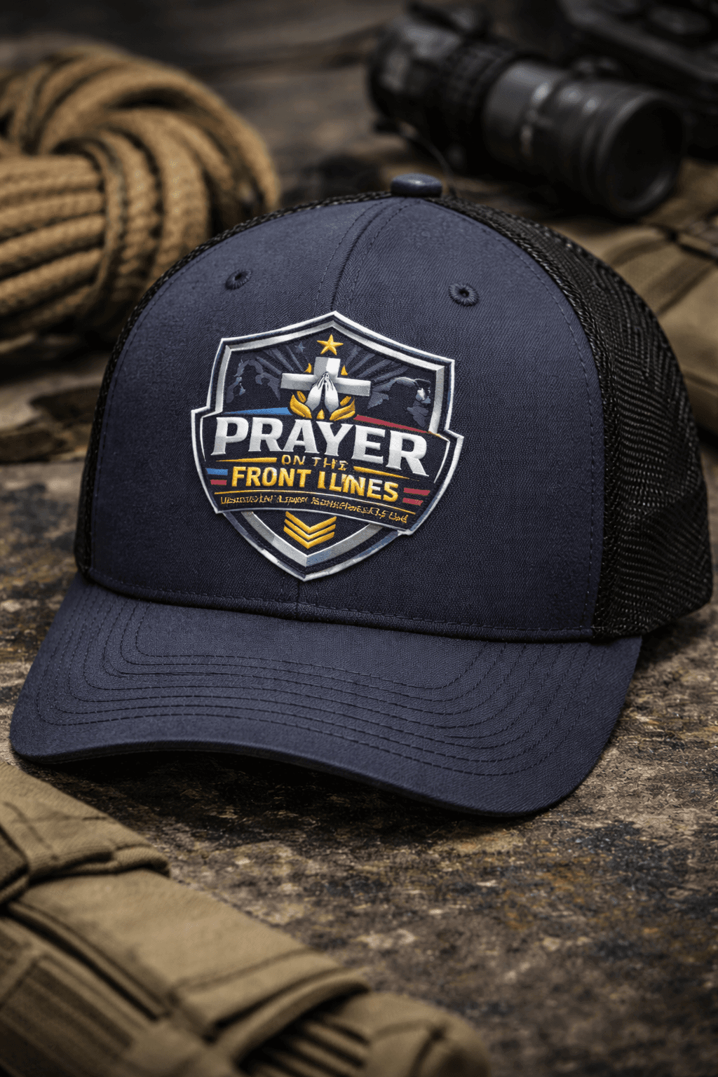 Navy blue trucker hat with 'Prayer on the Front Lines' shield logo and tactical gear.