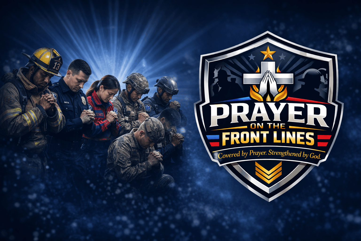 First responders and soldiers praying beside a 'Prayer on the Front Lines' shield logo.